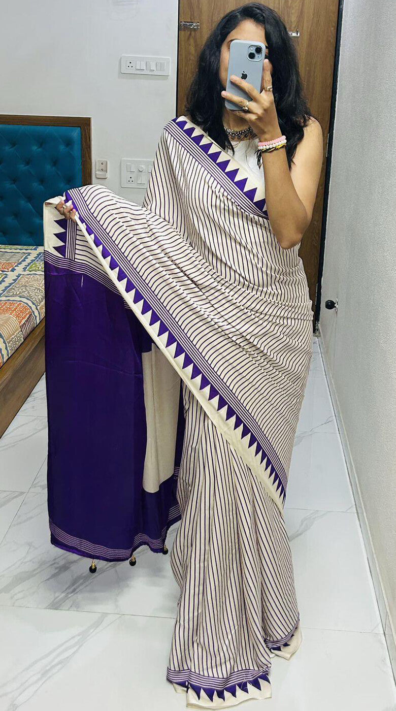 Tremendous Beige Digital Printed Crape Silk Saree With Alluring Blouse Piece