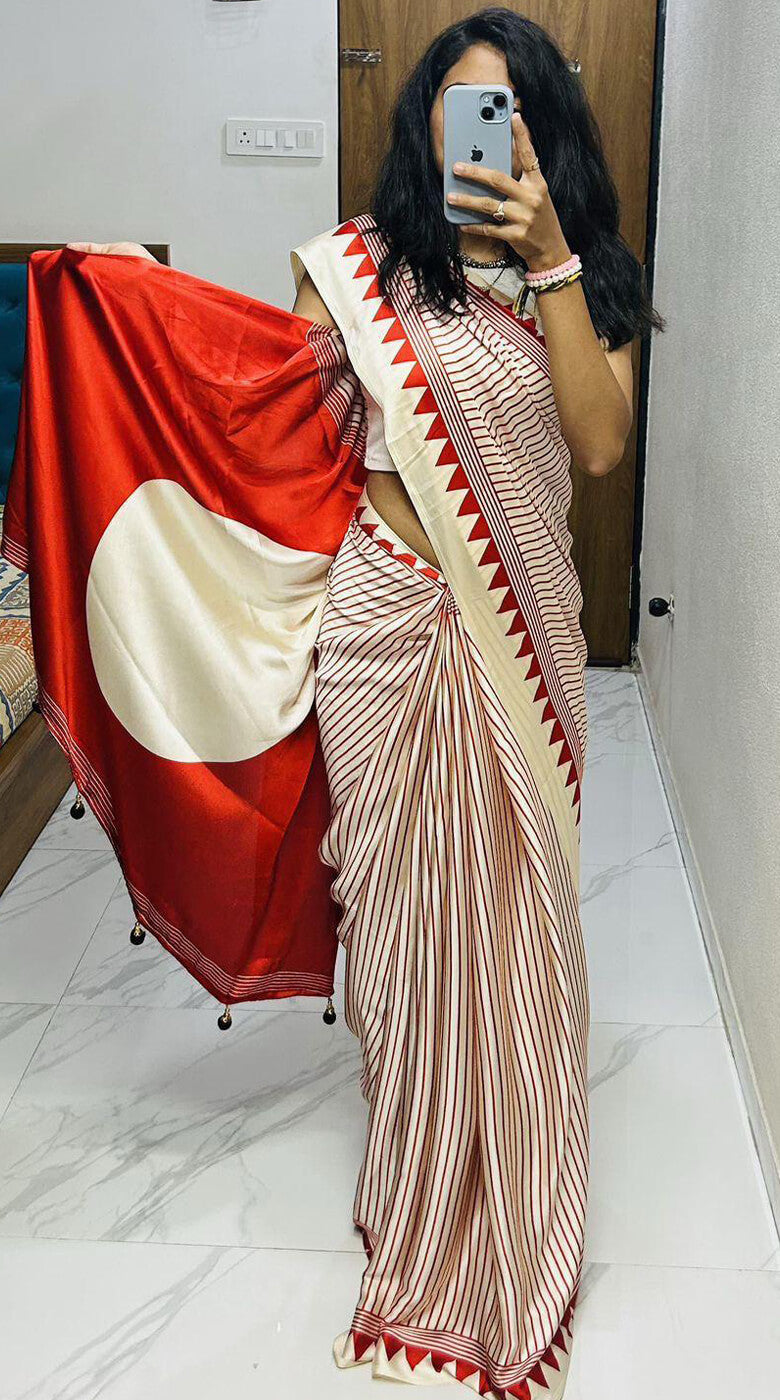 Blissful Beige Digital Printed Crape Silk Saree With Charismatic Blouse Piece