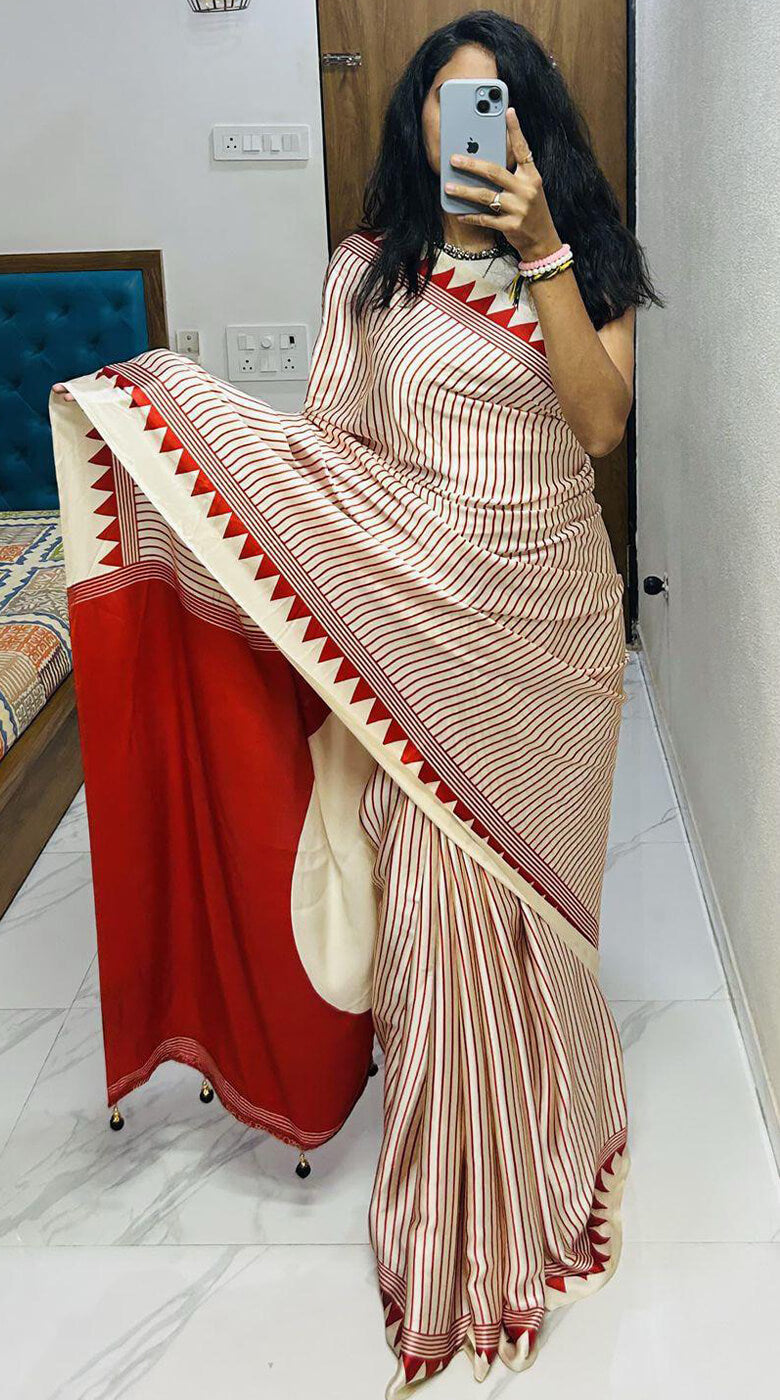 Blissful Beige Digital Printed Crape Silk Saree With Charismatic Blouse Piece