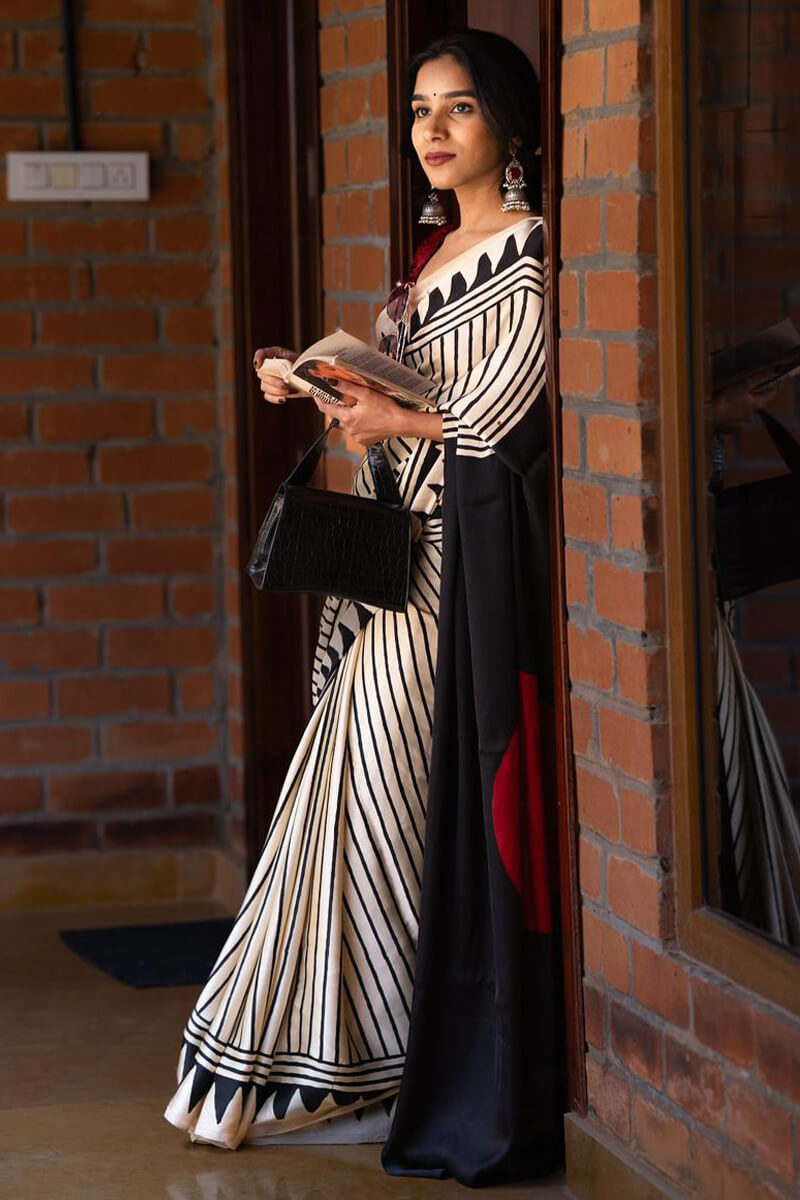 Murmurous Beige Digital Printed Crape Silk Saree With Fairytale Blouse Piece