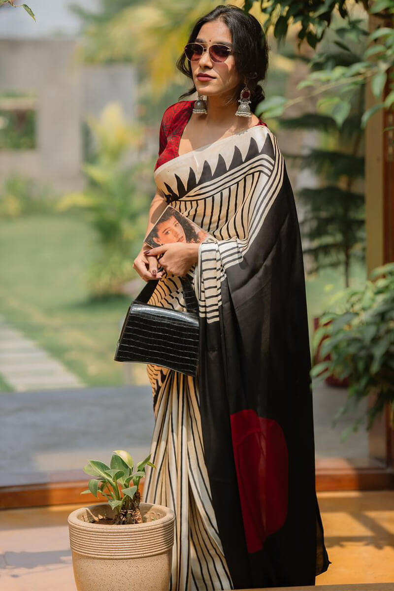 Murmurous Beige Digital Printed Crape Silk Saree With Fairytale Blouse Piece