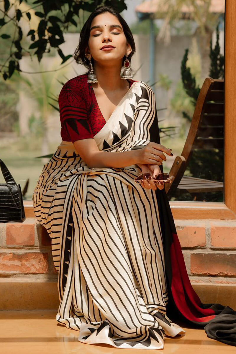 Murmurous Beige Digital Printed Crape Silk Saree With Fairytale Blouse Piece