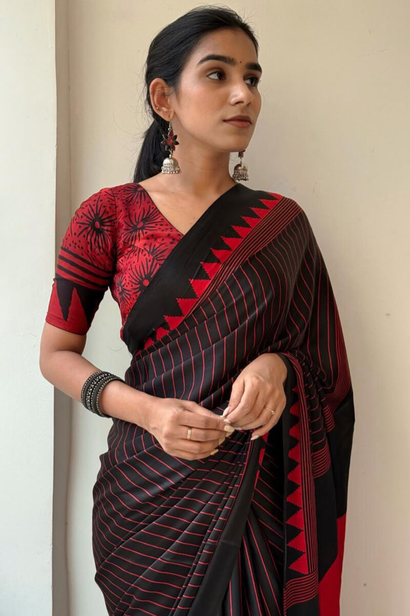 Panache Black Digital Printed Crape Silk Saree With Devastating Blouse Piece