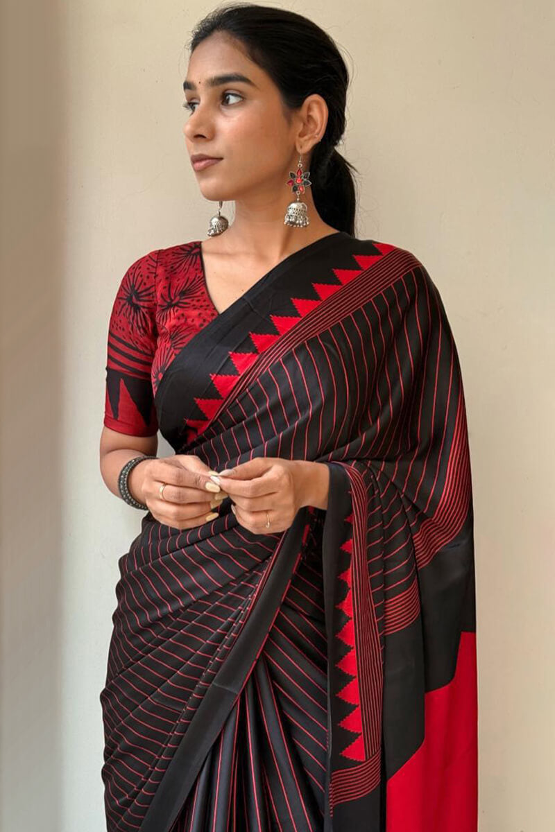 Panache Black Digital Printed Crape Silk Saree With Devastating Blouse Piece