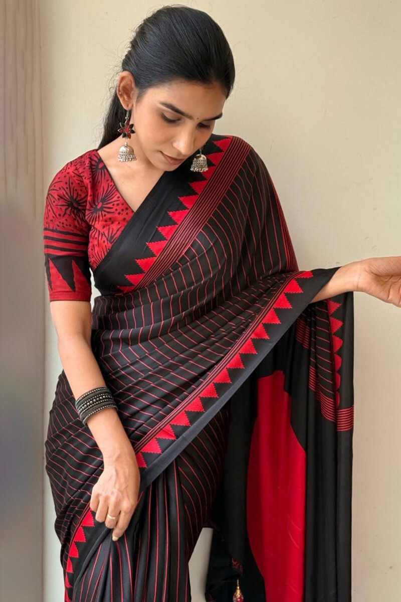 Panache Black Digital Printed Crape Silk Saree With Devastating Blouse Piece