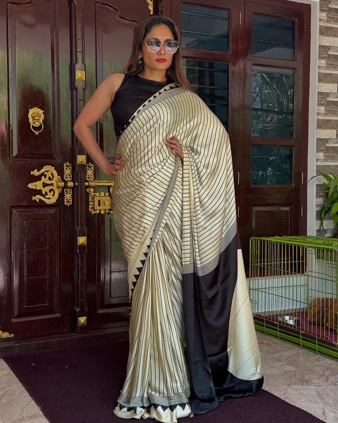 Cynosure Beige Digital Printed Crape Silk Saree With Adorning Blouse Piece