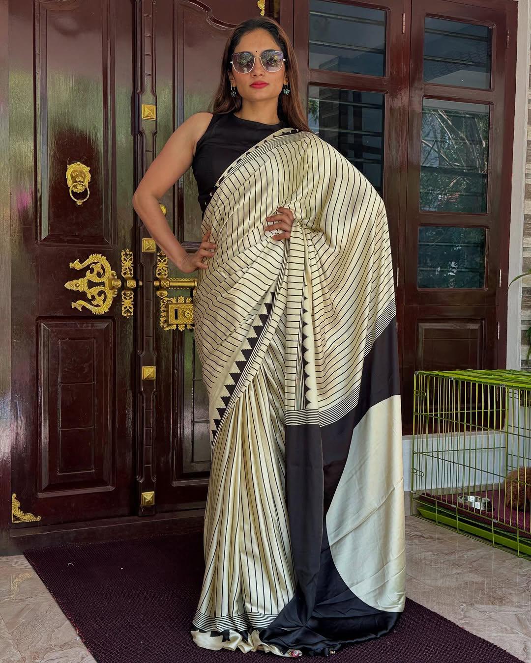 Cynosure Beige Digital Printed Crape Silk Saree With Adorning Blouse Piece