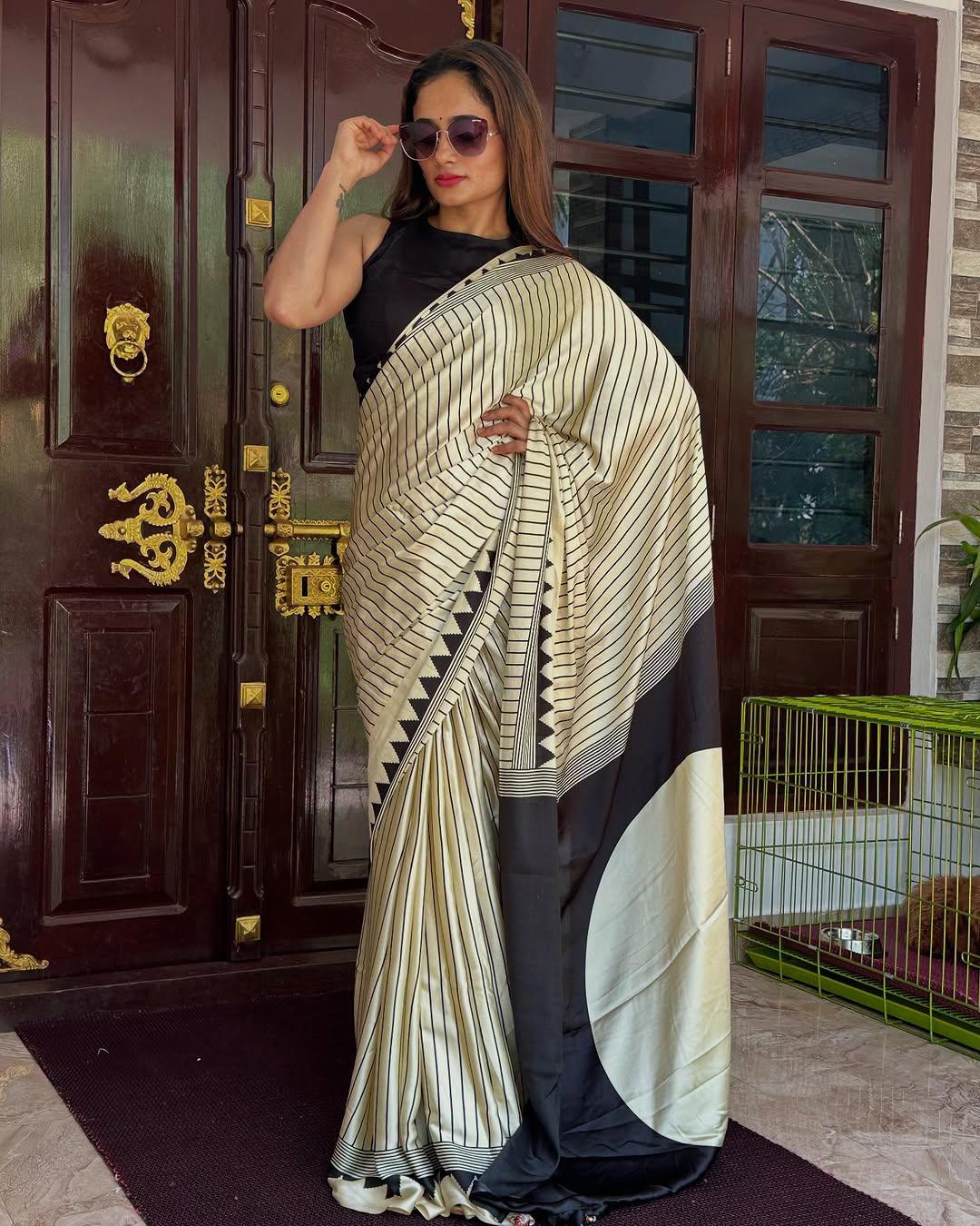 Cynosure Beige Digital Printed Crape Silk Saree With Adorning Blouse Piece