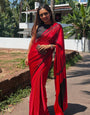 Exquisite Red Digital Printed Crape Silk Saree With Excellent Blouse Piece