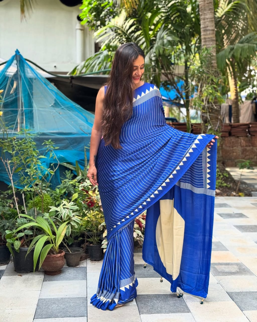 Ideal Royal Blue Digital Printed Crape Silk Saree With Imaginative Blouse Piece