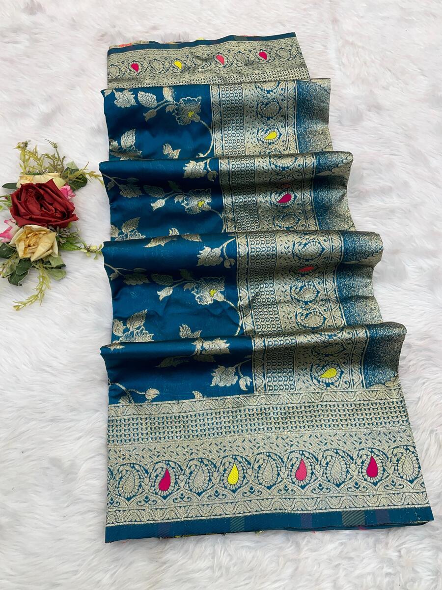Eloquence Blue Soft Banarasi Silk Saree With Nebula Blouse Piece