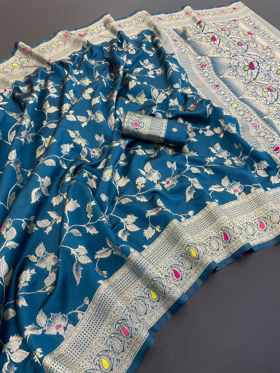 Eloquence Blue Soft Banarasi Silk Saree With Nebula Blouse Piece