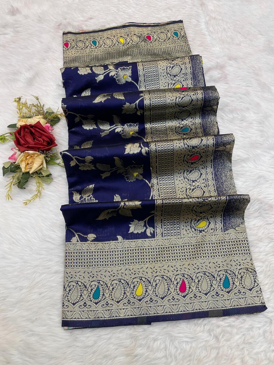 Adorning Navy Blue Soft Banarasi Silk Saree With Cynosure Blouse Piece