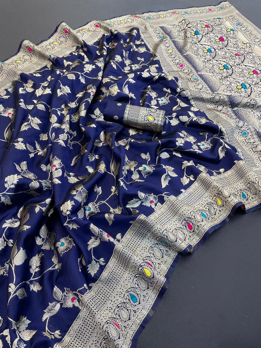 Adorning Navy Blue Soft Banarasi Silk Saree With Cynosure Blouse Piece