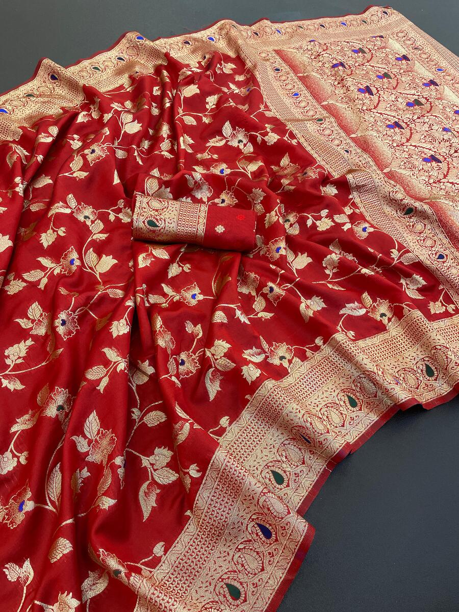 Quixotic Red Soft Banarasi Silk Saree With Prodigal Blouse Piece