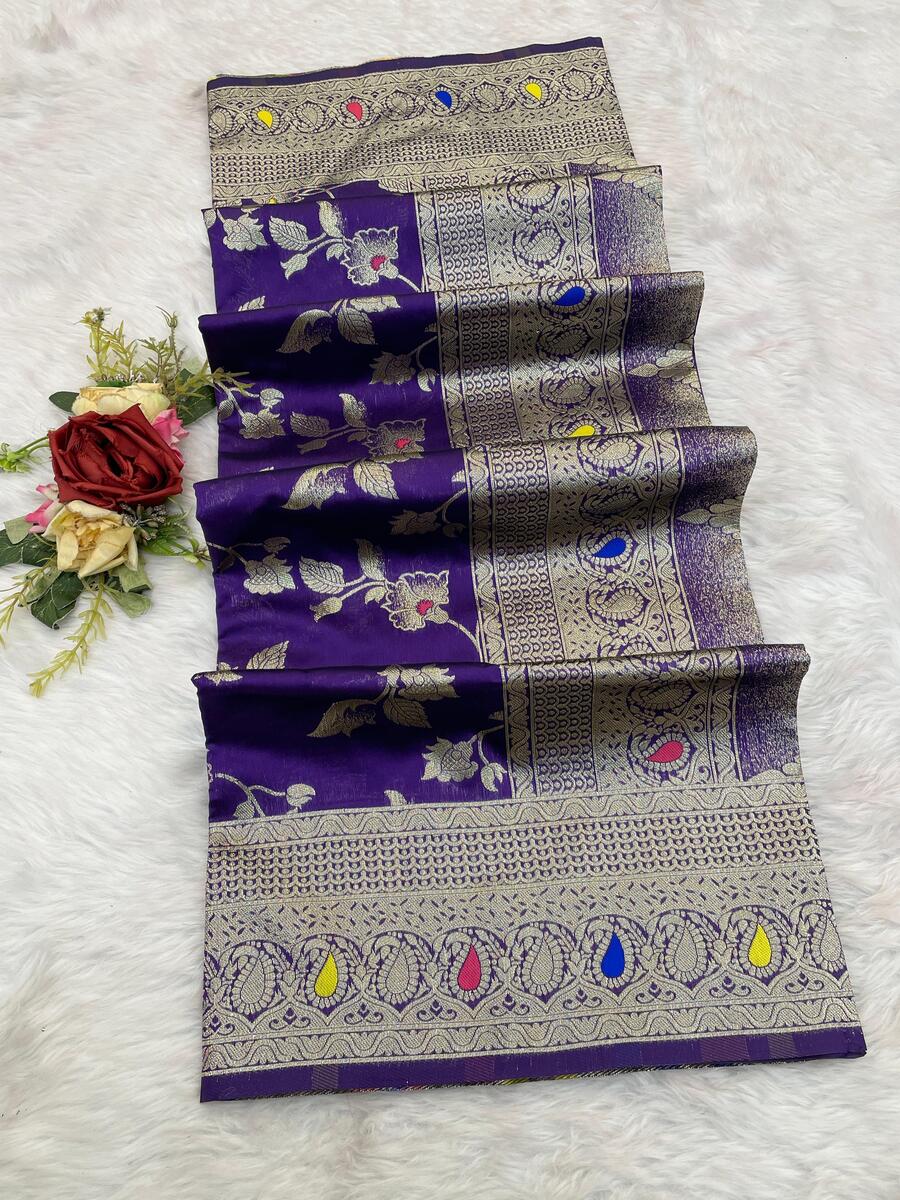 Elaborate Royal Purple Soft Banarasi Silk Saree With Nemesis Blouse Piece