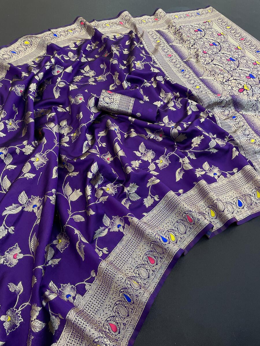 Elaborate Royal Purple Soft Banarasi Silk Saree With Nemesis Blouse Piece