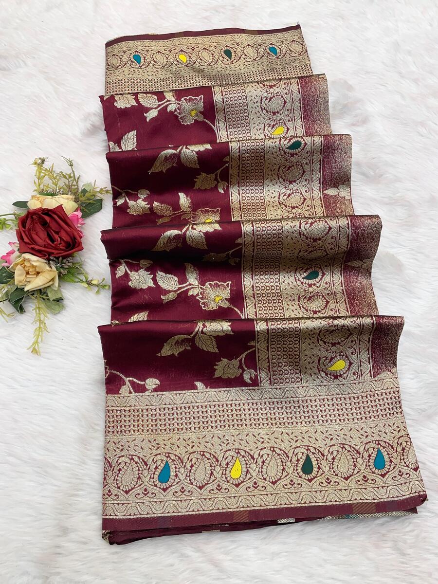 Enthralling Wine Soft Banarasi Silk Saree With Exquisite Blouse Piece