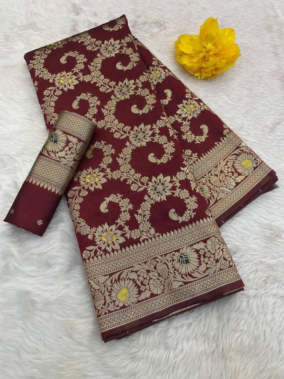 Ornate Maroon Soft Banarasi Silk Saree With Mellifluous Blouse Piece