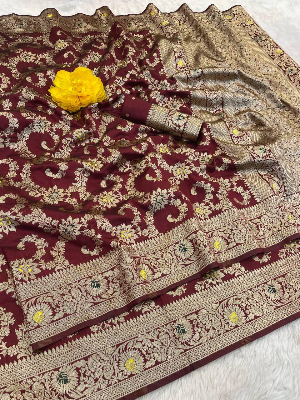 Ornate Maroon Soft Banarasi Silk Saree With Mellifluous Blouse Piece