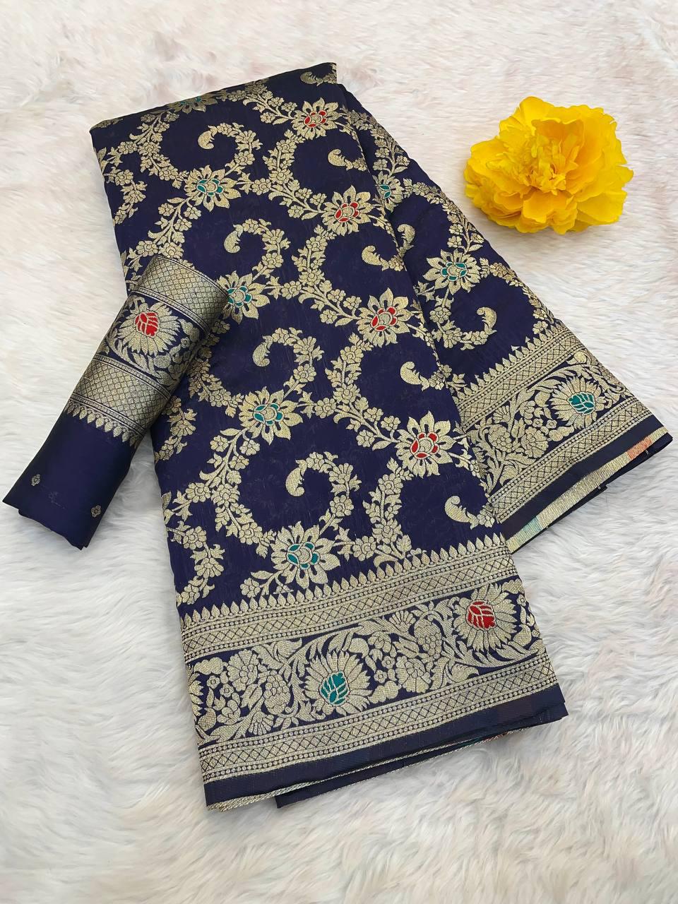 Gossamer Navy Blue Soft Banarasi Silk Saree With Amiable Blouse Piece