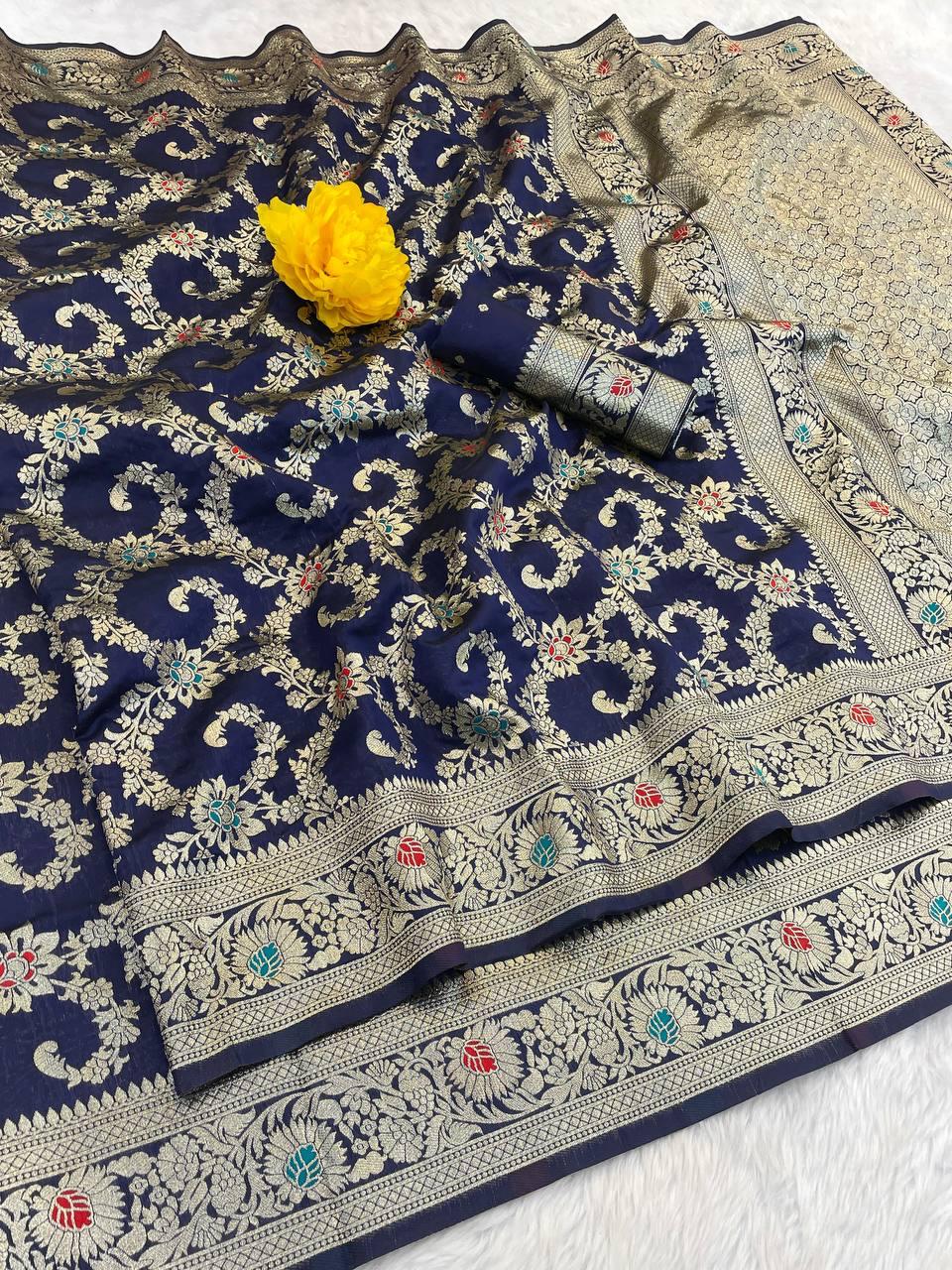 Gossamer Navy Blue Soft Banarasi Silk Saree With Amiable Blouse Piece