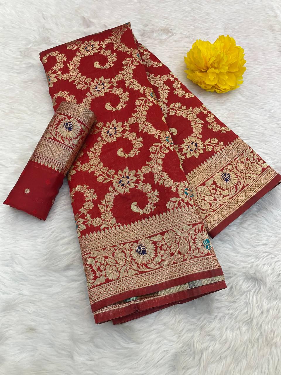 Skinny Red Soft Banarasi Silk Saree With Designer Blouse Piece