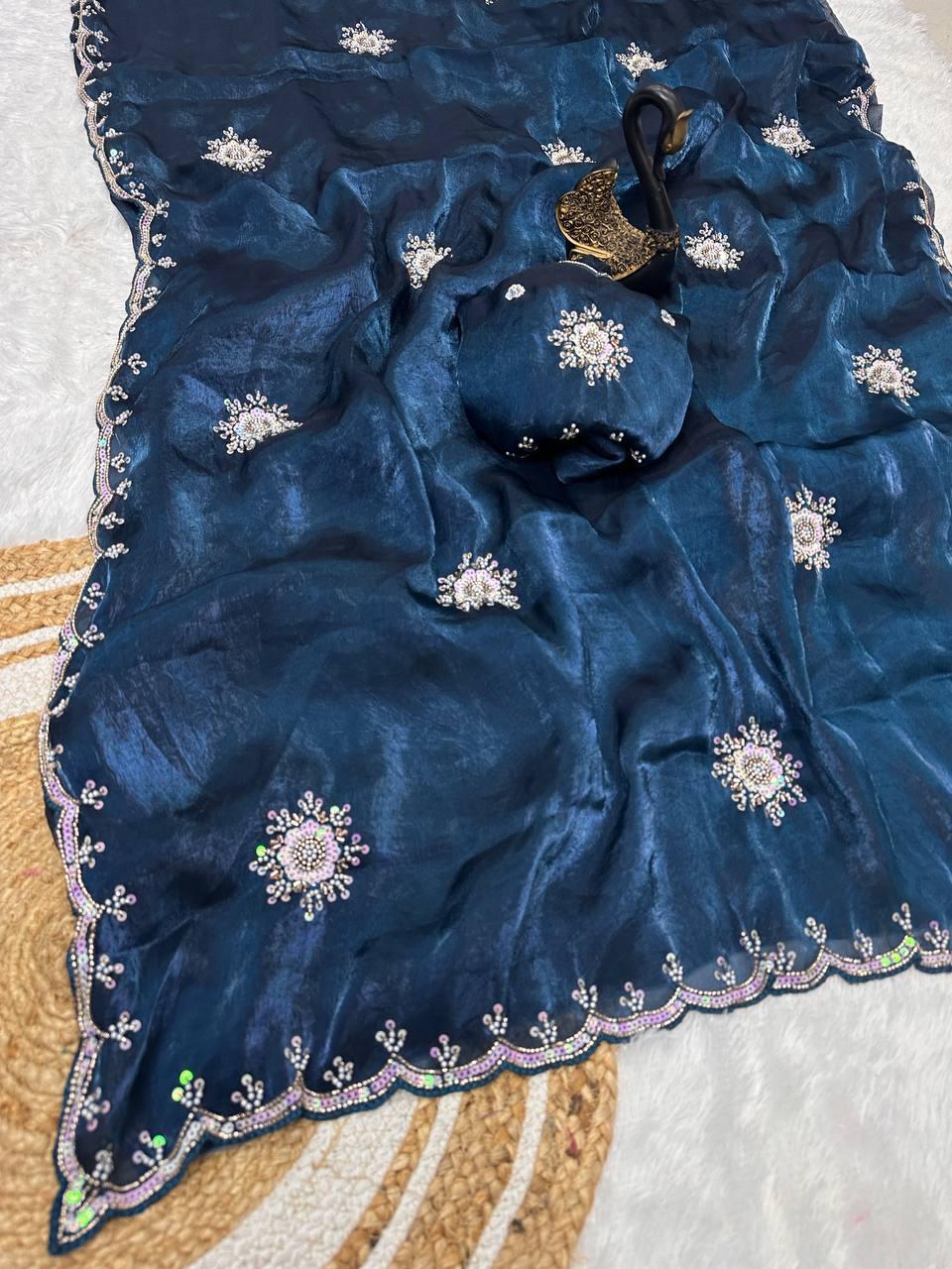 Scrupulous Blue Sequence Work Fandy Silk Saree With Innovative Blouse Piece
