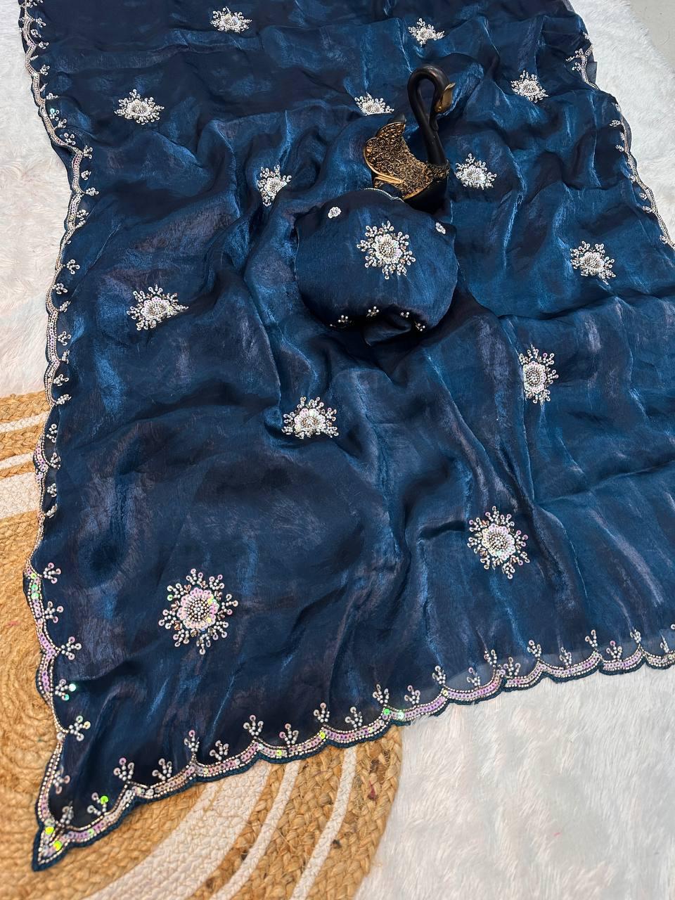 Scrupulous Blue Sequence Work Fandy Silk Saree With Innovative Blouse Piece