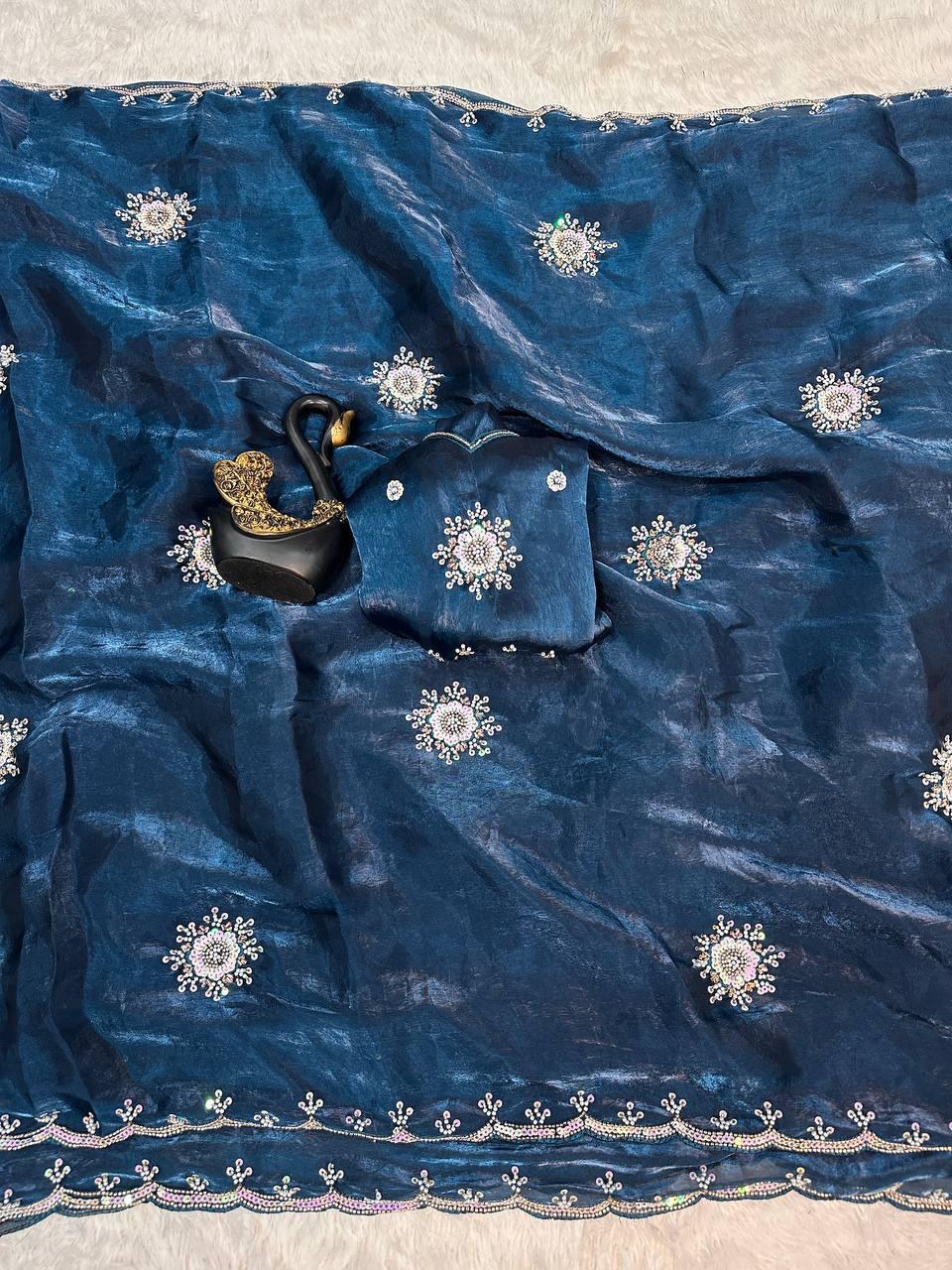Scrupulous Blue Sequence Work Fandy Silk Saree With Innovative Blouse Piece