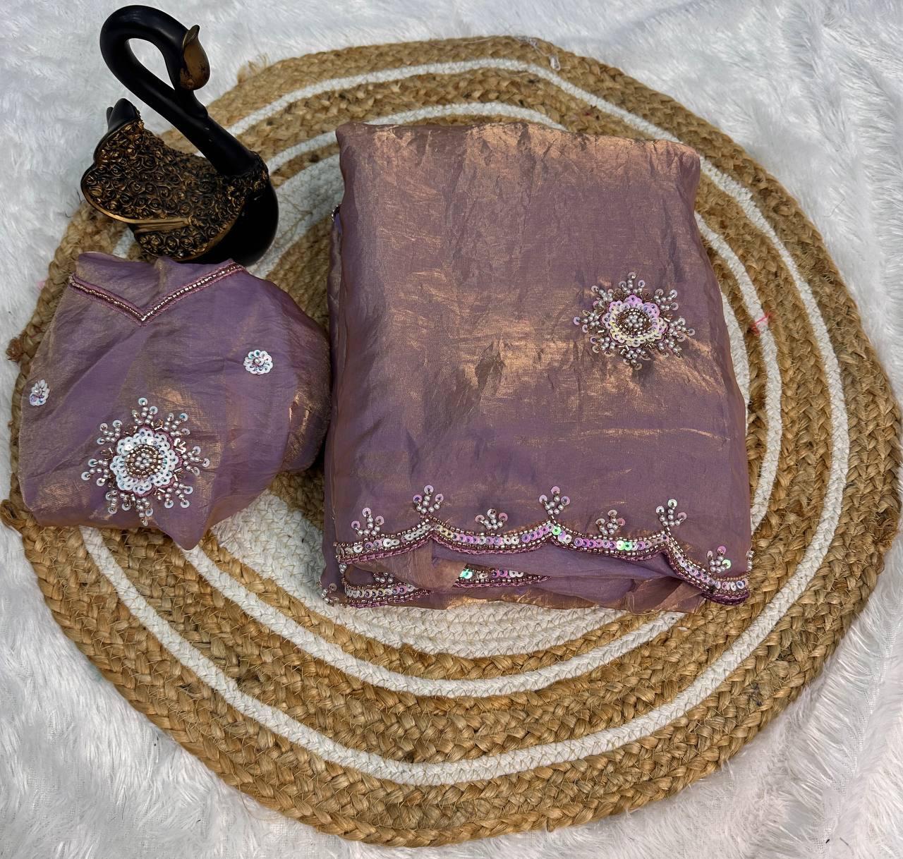 Scintilla Lavender Sequence Work Fandy Silk Saree With Eclat Blouse Piece
