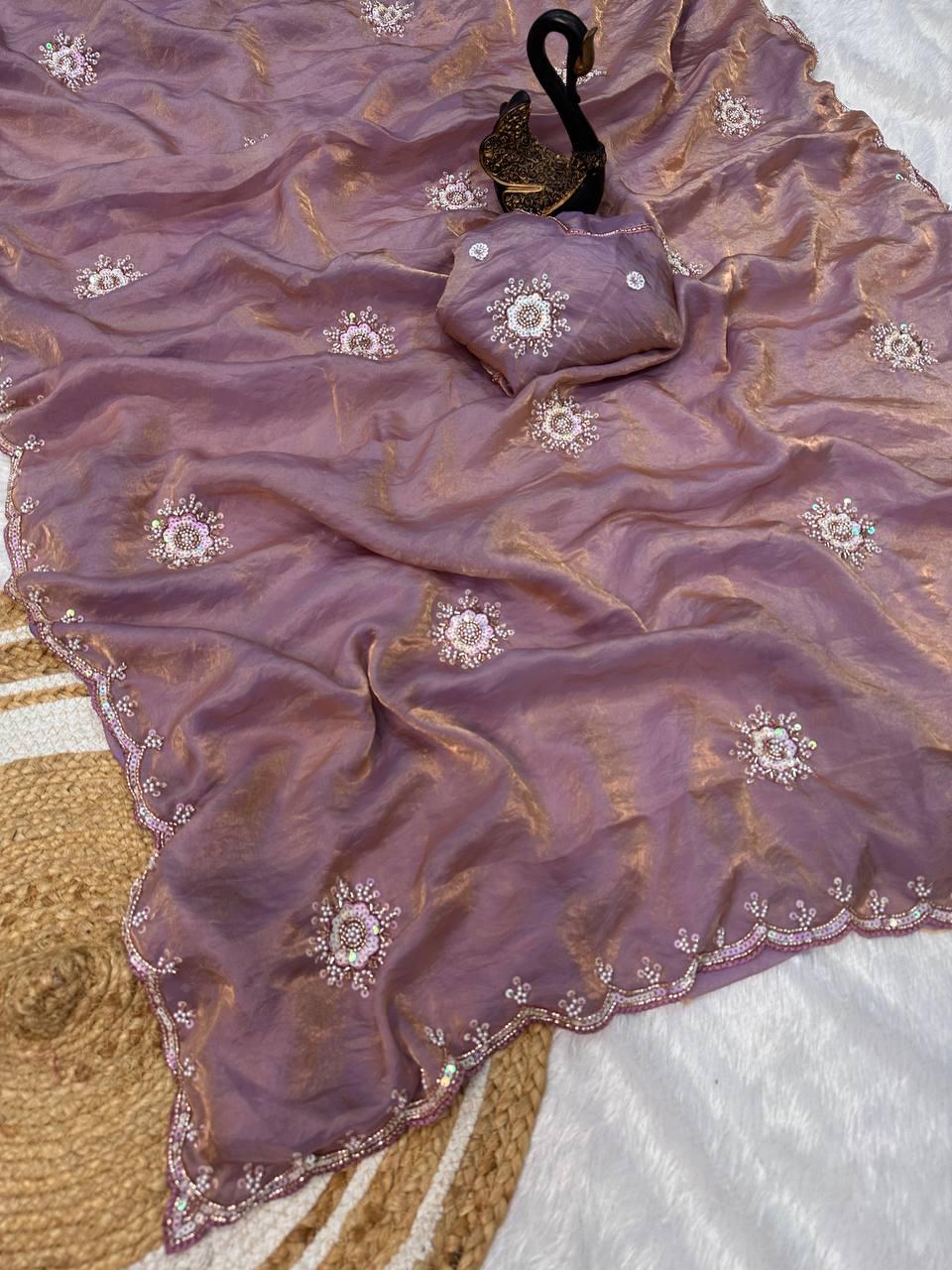 Scintilla Lavender Sequence Work Fandy Silk Saree With Eclat Blouse Piece