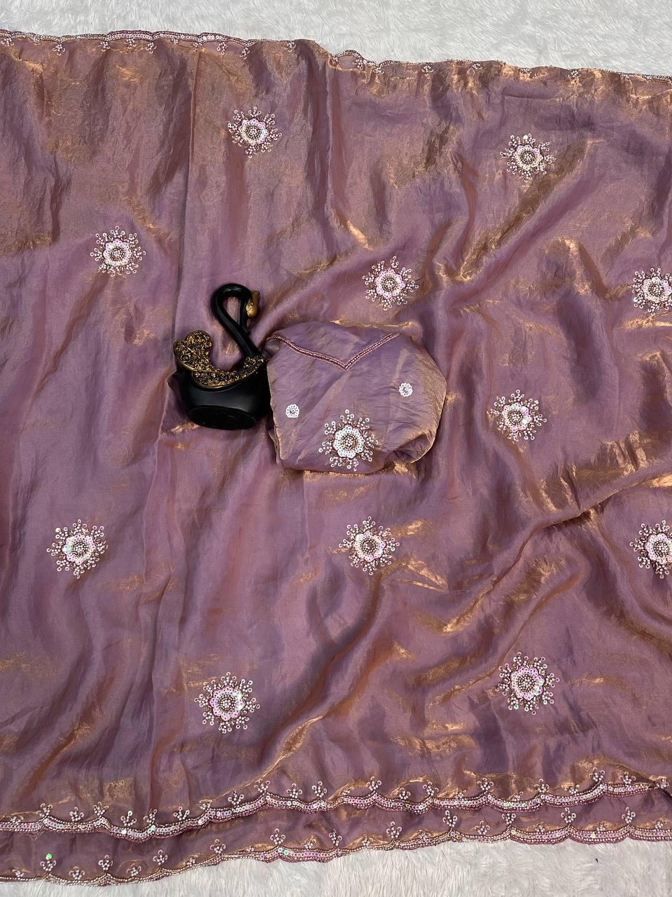 Scintilla Lavender Sequence Work Fandy Silk Saree With Eclat Blouse Piece