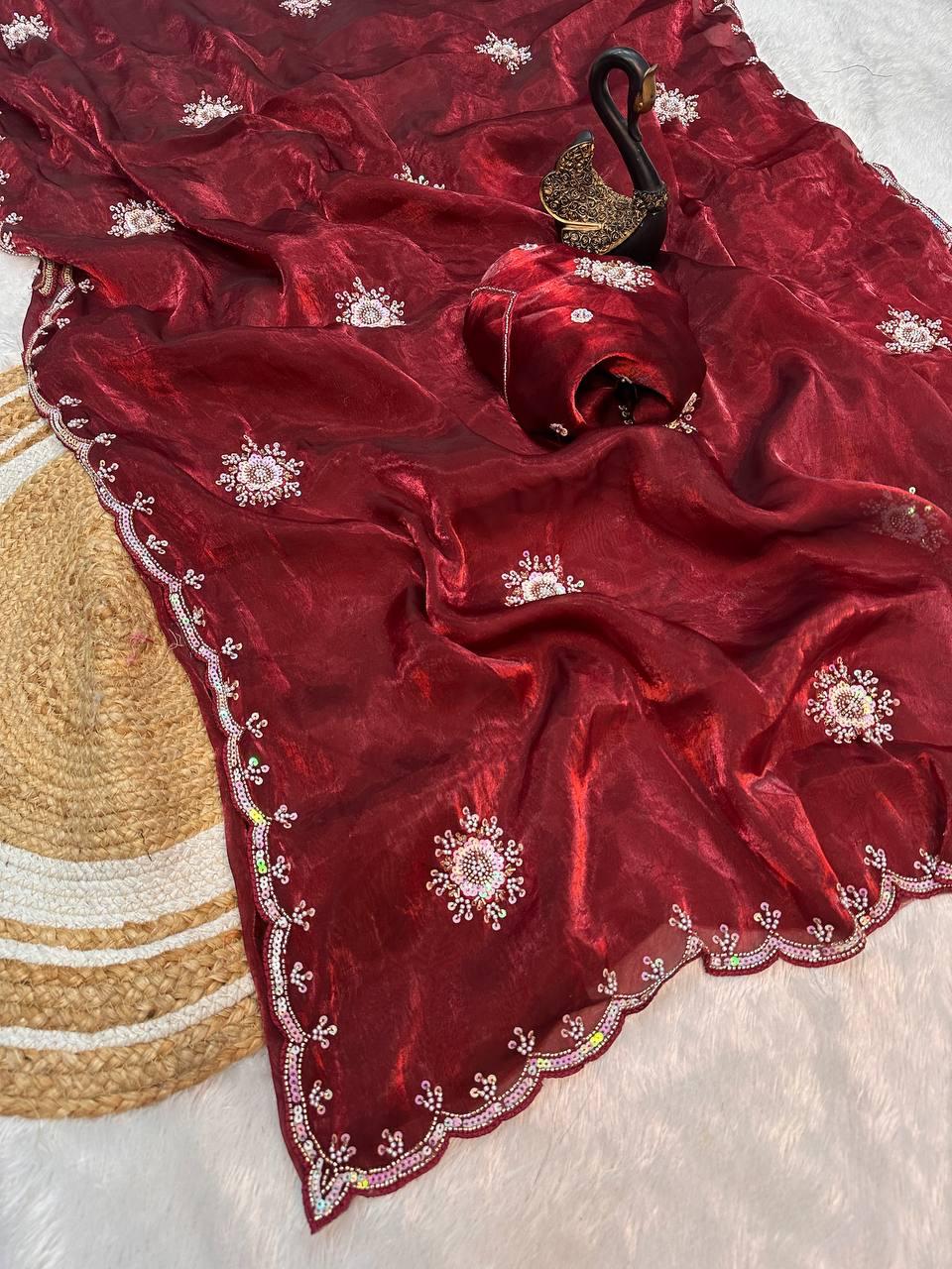 Sempiternal Maroon Sequence Work Fandy Silk Saree With Deserving Blouse Piece