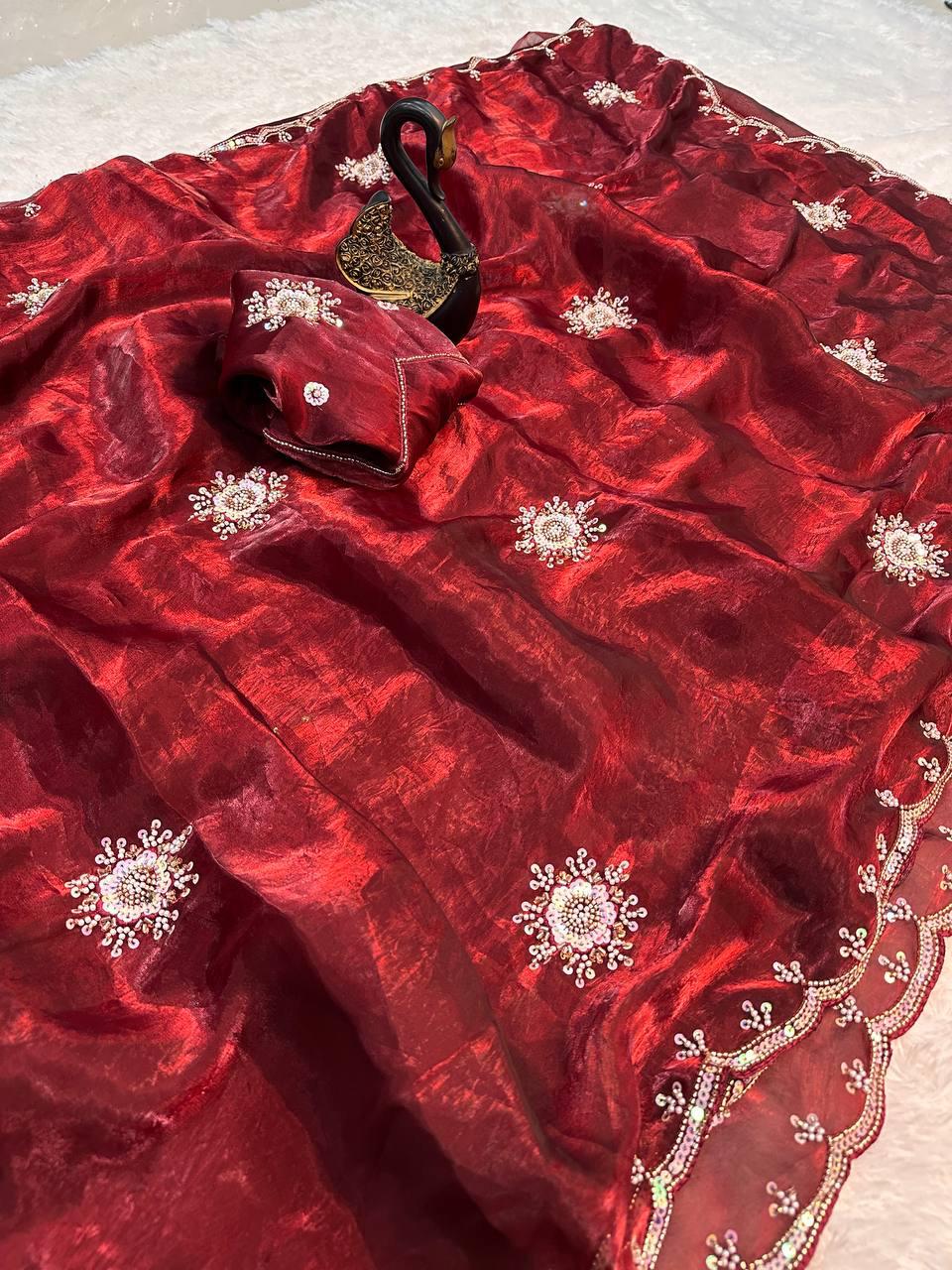 Sempiternal Maroon Sequence Work Fandy Silk Saree With Deserving Blouse Piece