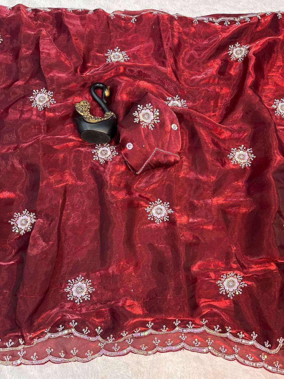 Sempiternal Maroon Sequence Work Fandy Silk Saree With Deserving Blouse Piece