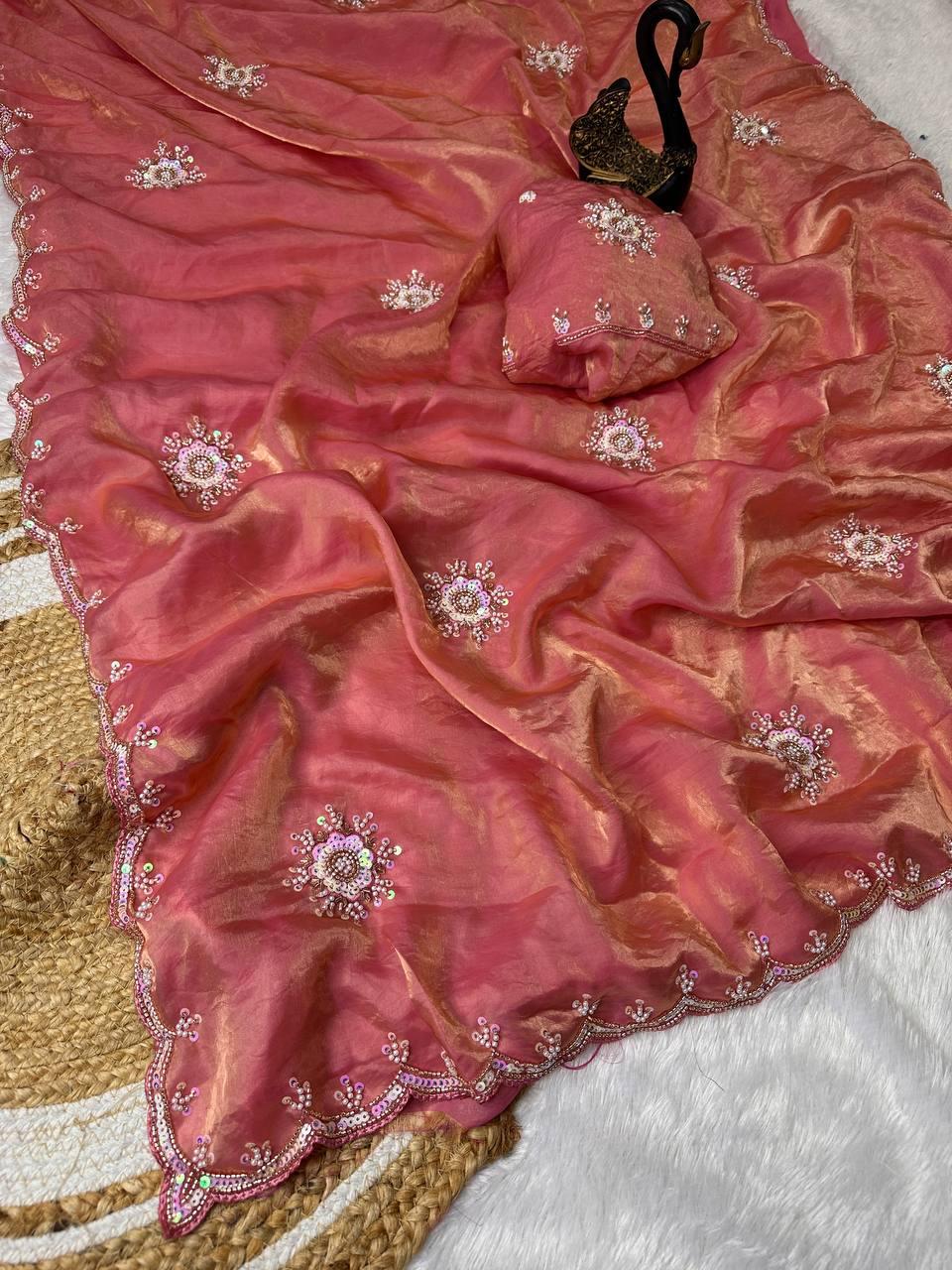 Profuse Pink Sequence Work Fandy Silk Saree With Nemesis Blouse Piece