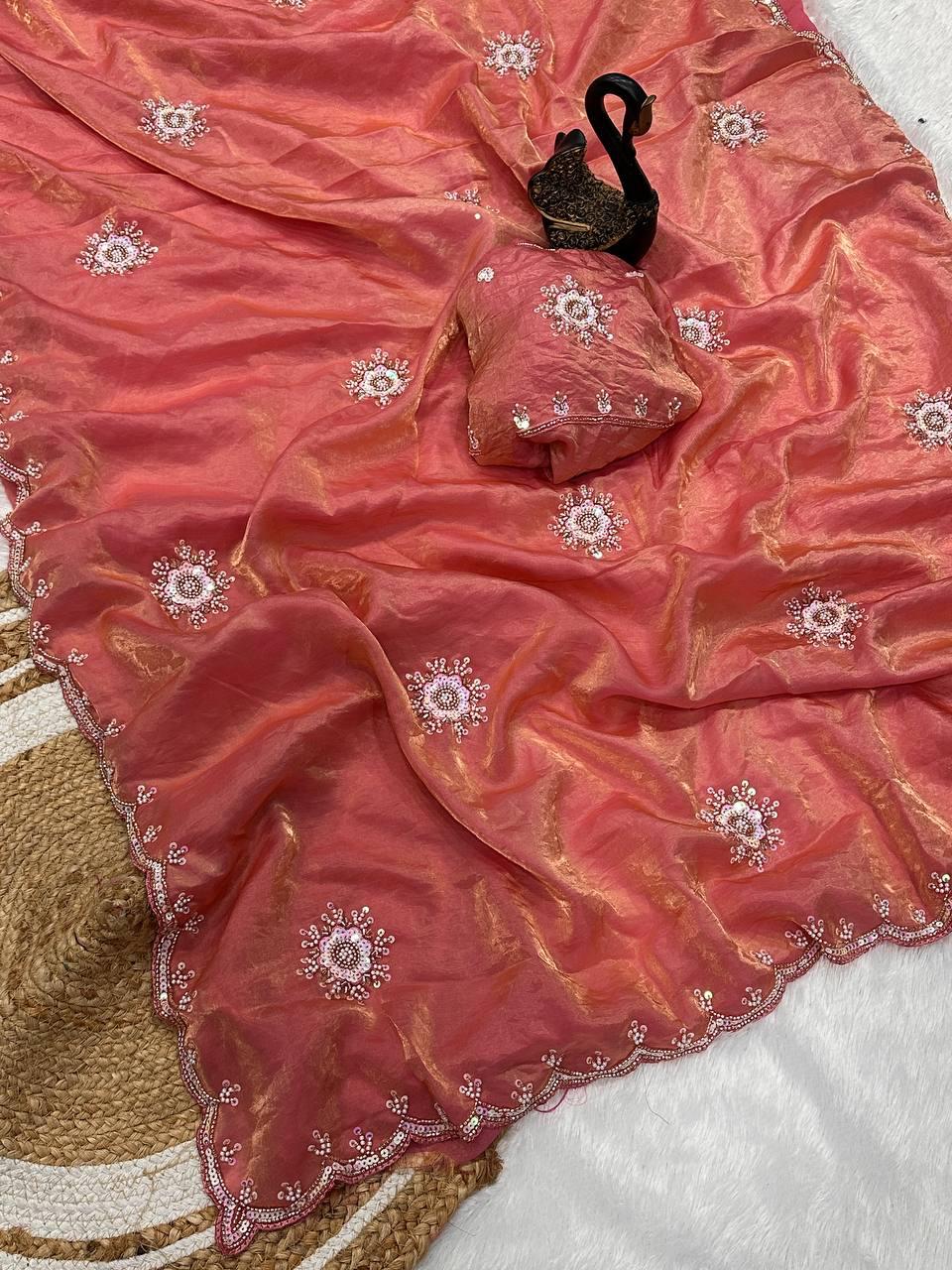Profuse Pink Sequence Work Fandy Silk Saree With Nemesis Blouse Piece