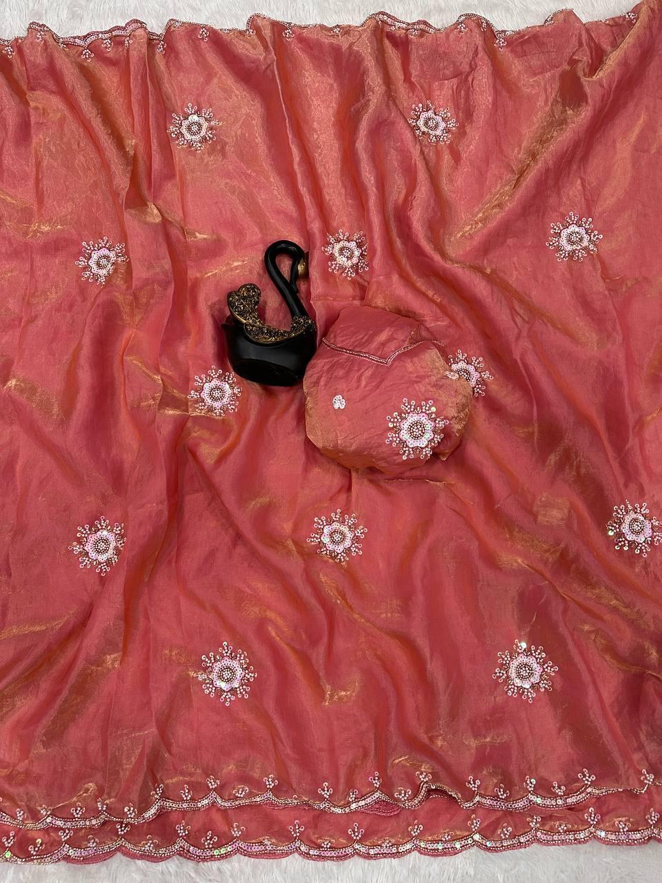 Profuse Pink Sequence Work Fandy Silk Saree With Nemesis Blouse Piece