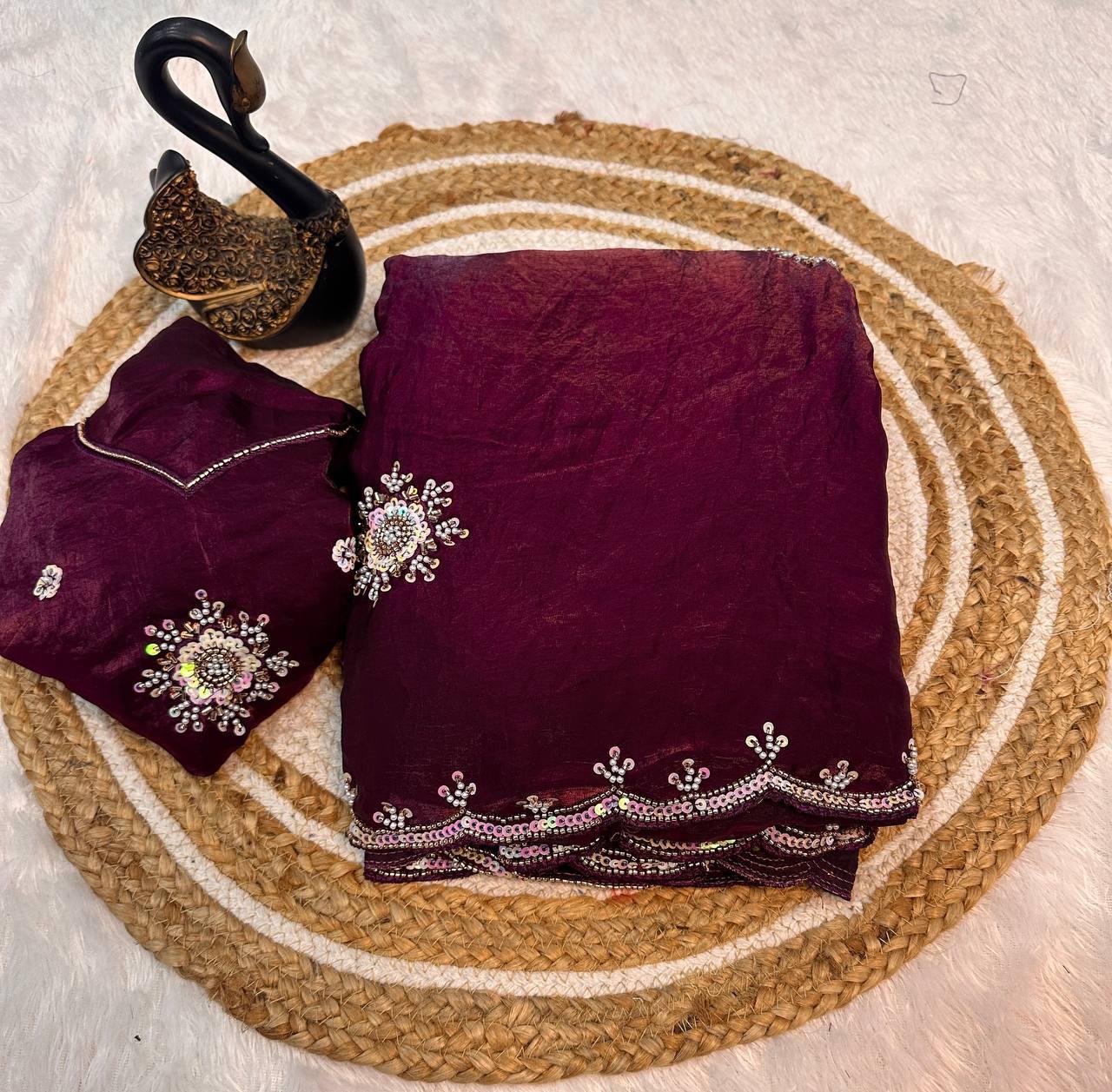 Surreptitious Purple Sequence Work Fandy Silk Saree With Ephemeral Blouse Piece