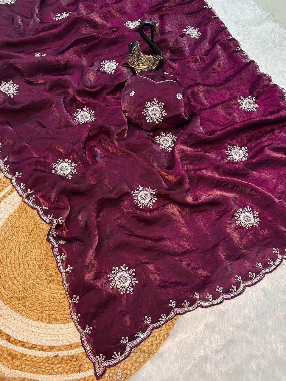 Surreptitious Purple Sequence Work Fandy Silk Saree With Ephemeral Blouse Piece
