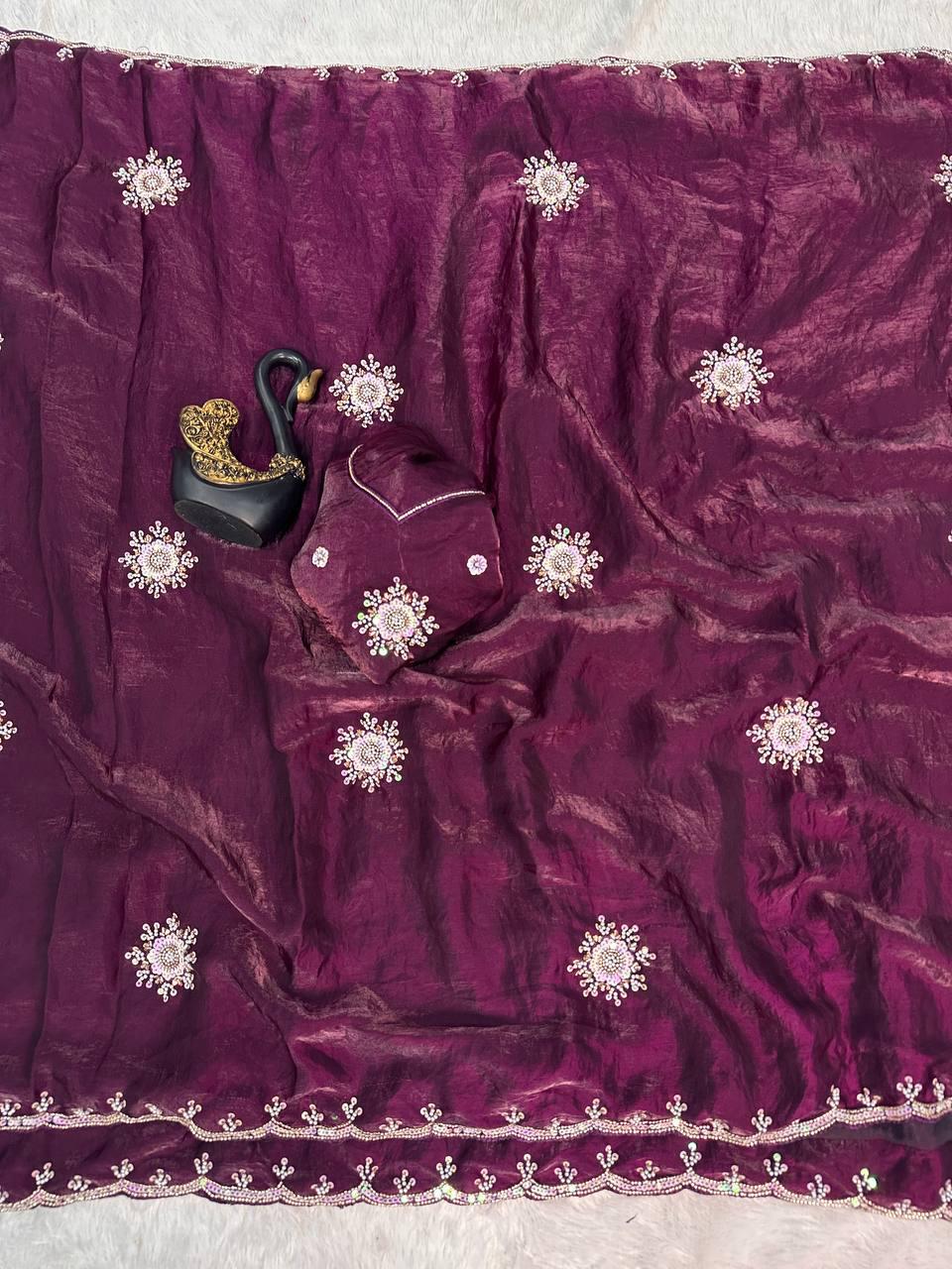 Surreptitious Purple Sequence Work Fandy Silk Saree With Ephemeral Blouse Piece