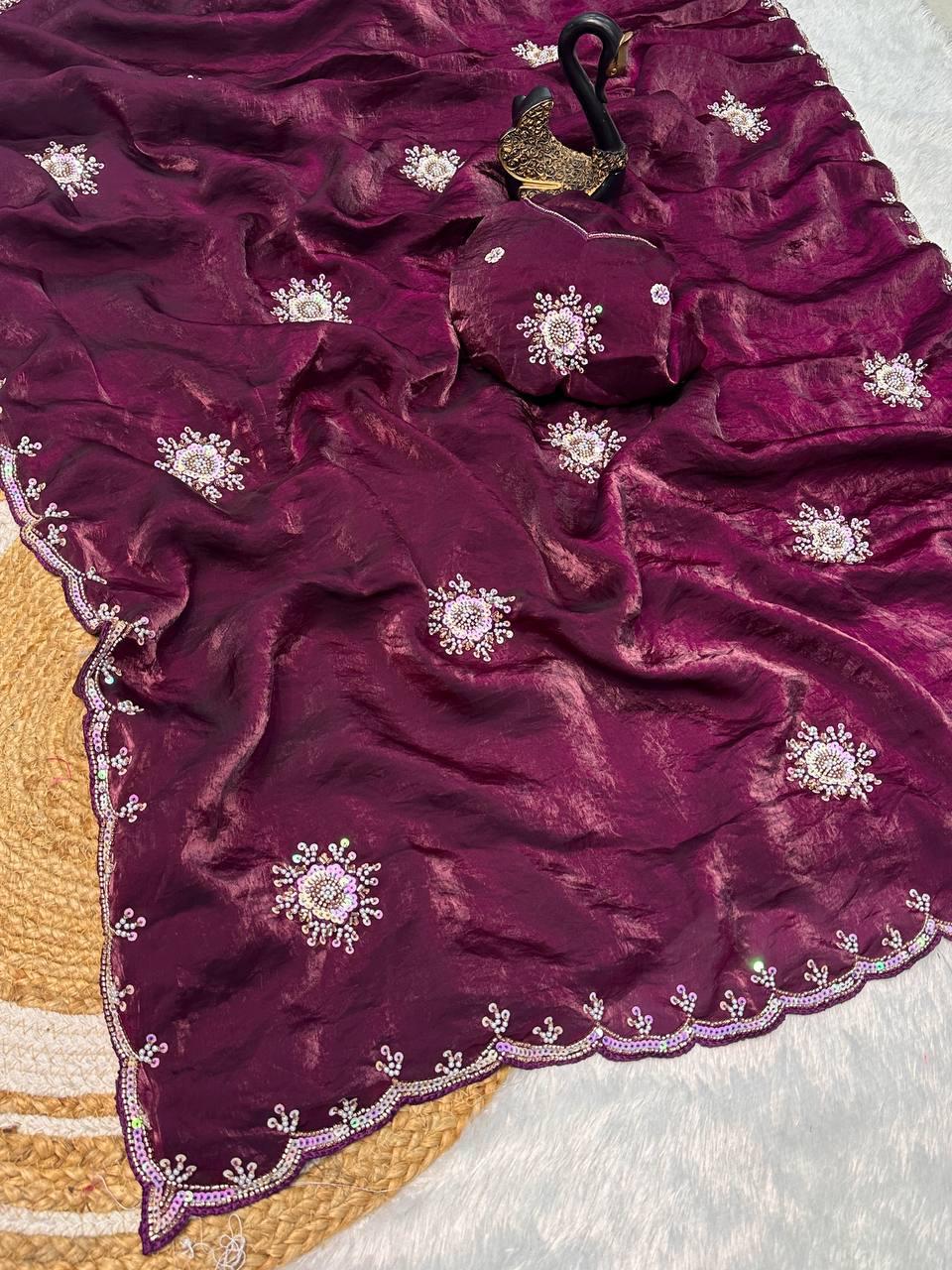 Surreptitious Purple Sequence Work Fandy Silk Saree With Ephemeral Blouse Piece