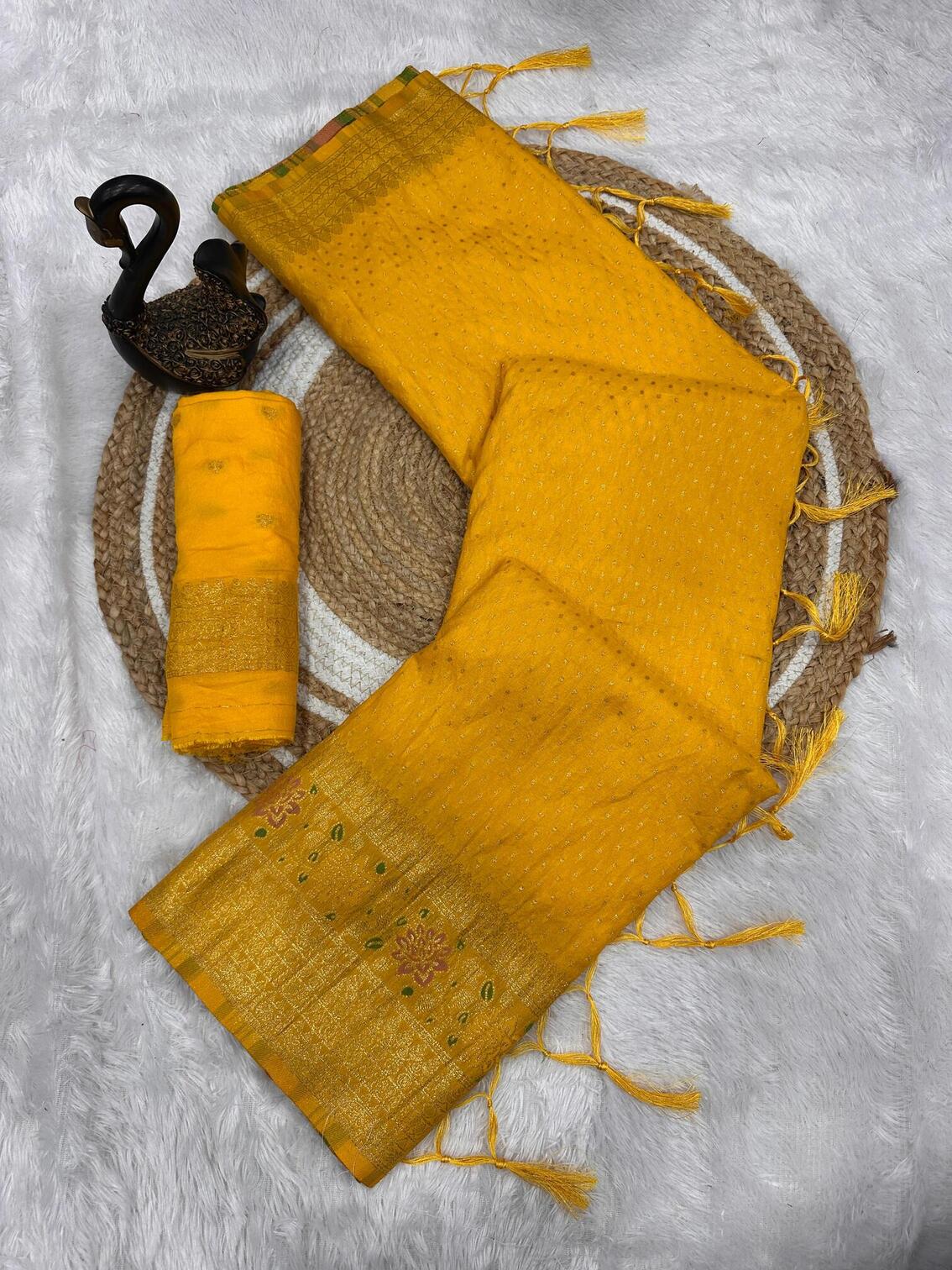 Gleaming Yellow Soft Banarasi Silk Saree With Charming Blouse Piece