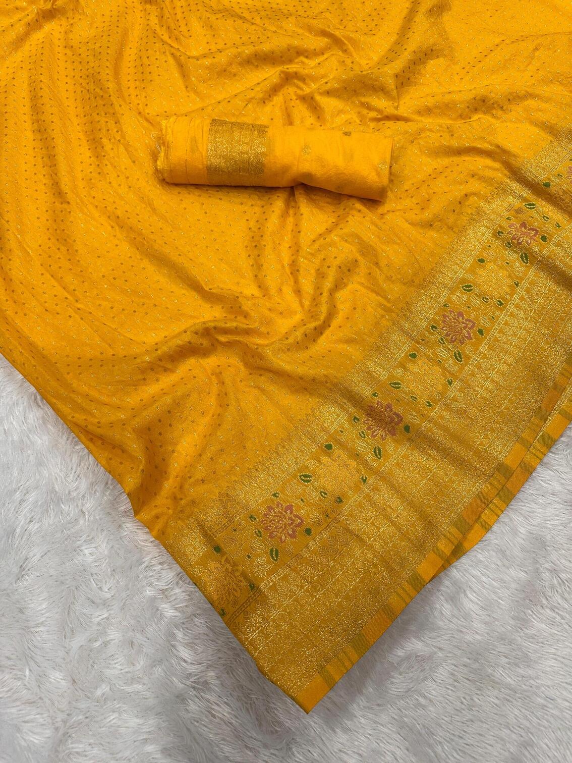 Gleaming Yellow Soft Banarasi Silk Saree With Charming Blouse Piece