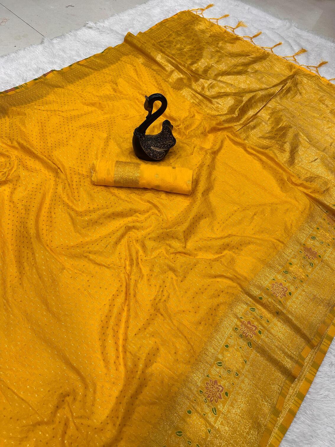 Gleaming Yellow Soft Banarasi Silk Saree With Charming Blouse Piece
