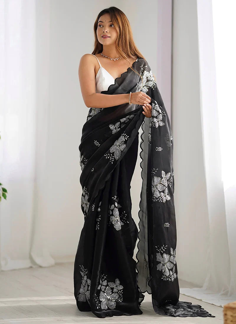 Felicitous Black Sequence Work Jimmy Choo Silk Saree With Resonant Blouse Piece