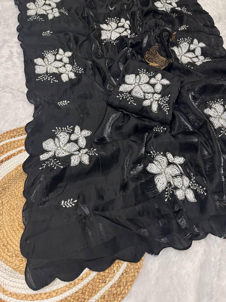 Felicitous Black Sequence Work Jimmy Choo Silk Saree With Resonant Blouse Piece