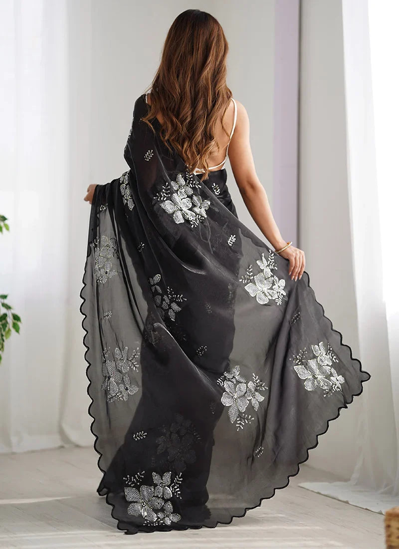 Felicitous Black Sequence Work Jimmy Choo Silk Saree With Resonant Blouse Piece