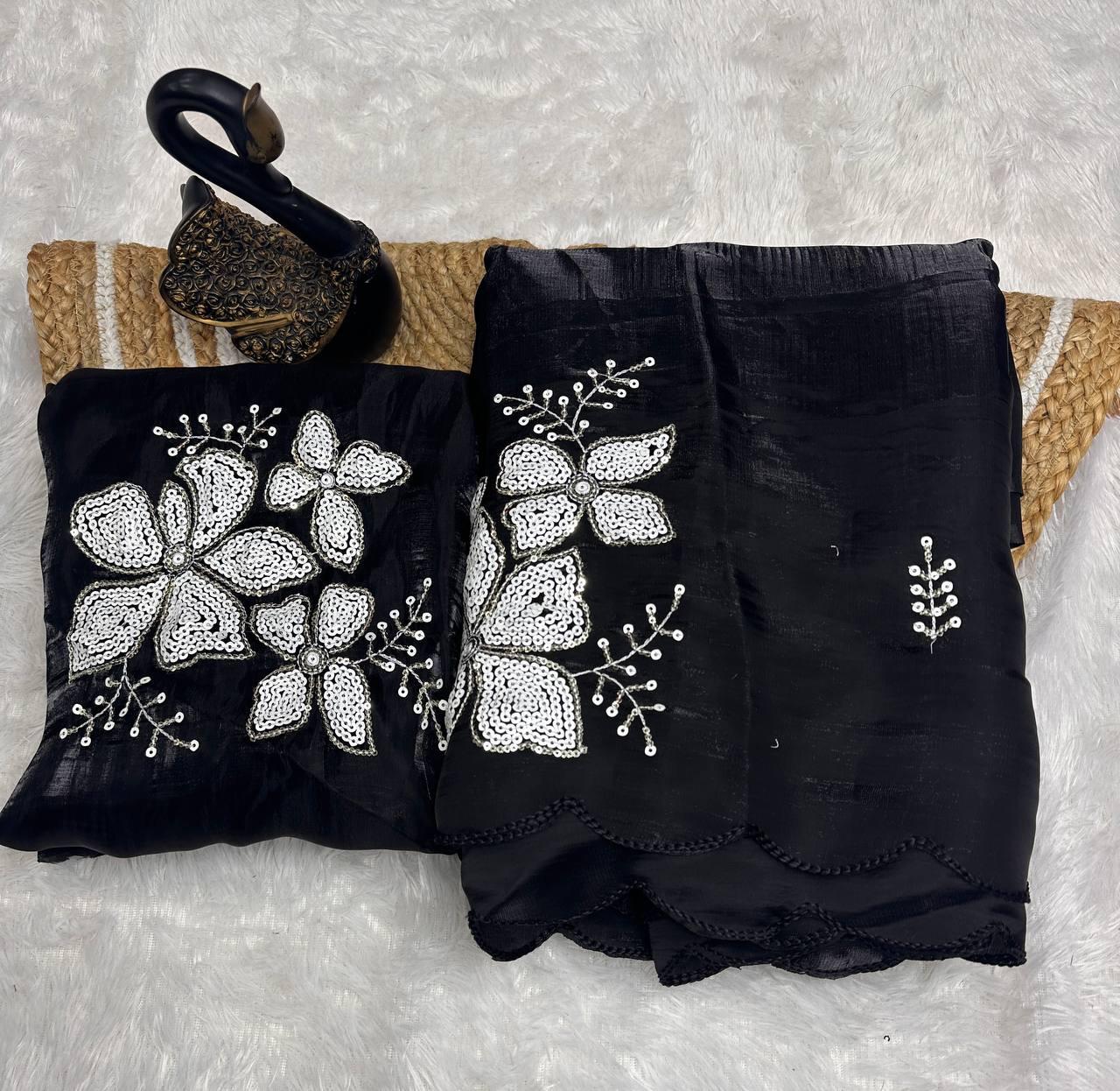 Felicitous Black Sequence Work Jimmy Choo Silk Saree With Resonant Blouse Piece